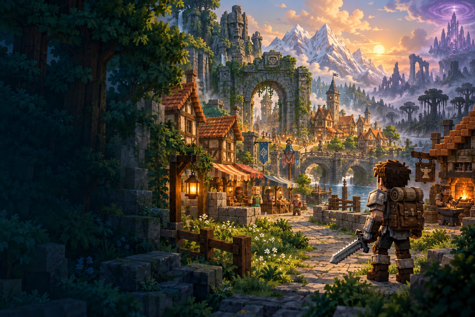 Adventure artwork: a traveller overlooking a lantern-lit town, ancient gateway and distant mountains